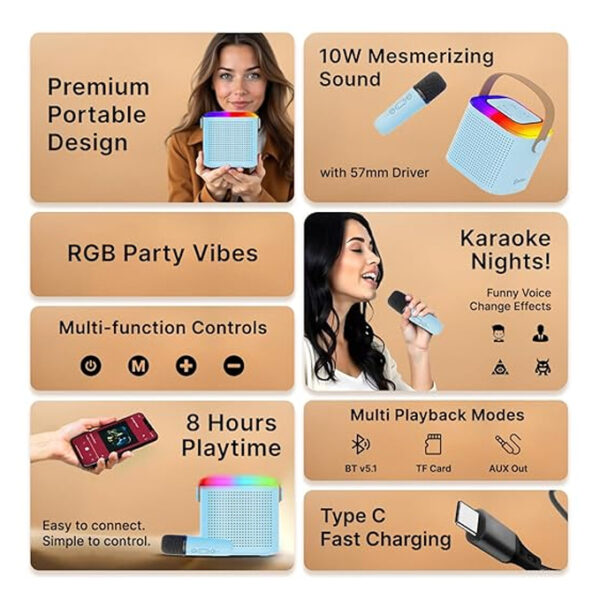pTron Fusion Tunes Bluetooth Speaker – 10W Mini Speaker with Wireless Karaoke Mic, RGB Lights